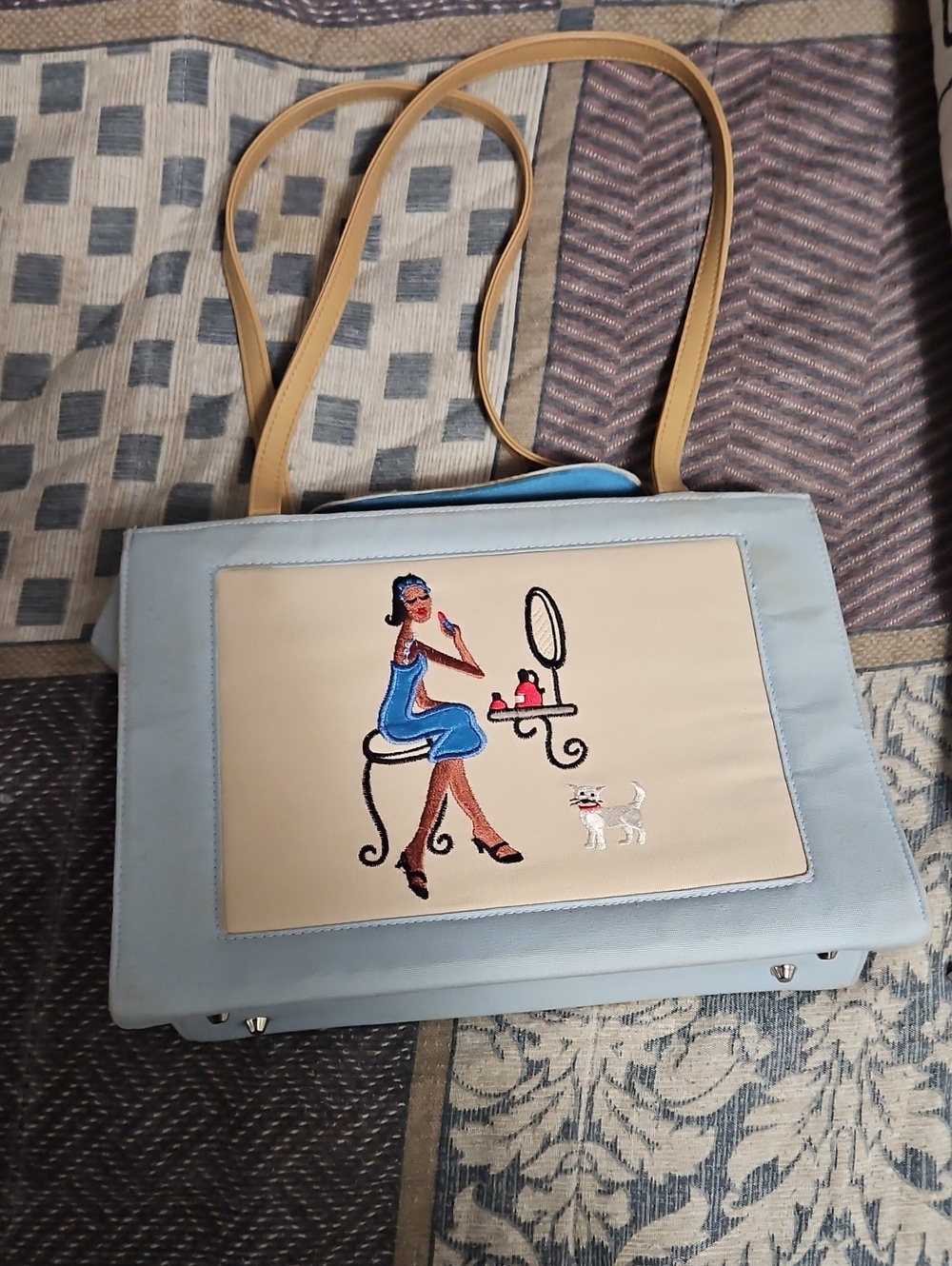Light Blue and Cream Shoulder Bag with Vanity Artwork